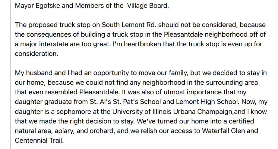 Pleasantdale Letter to the Village Board