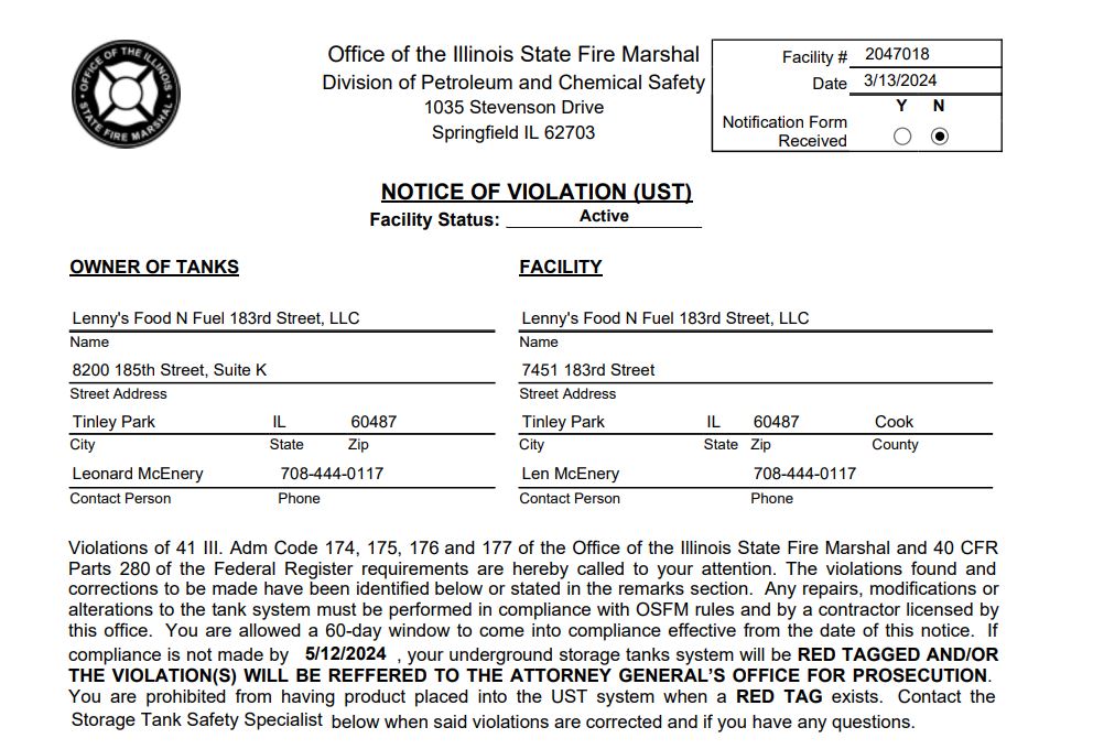 Spill prevention Violation